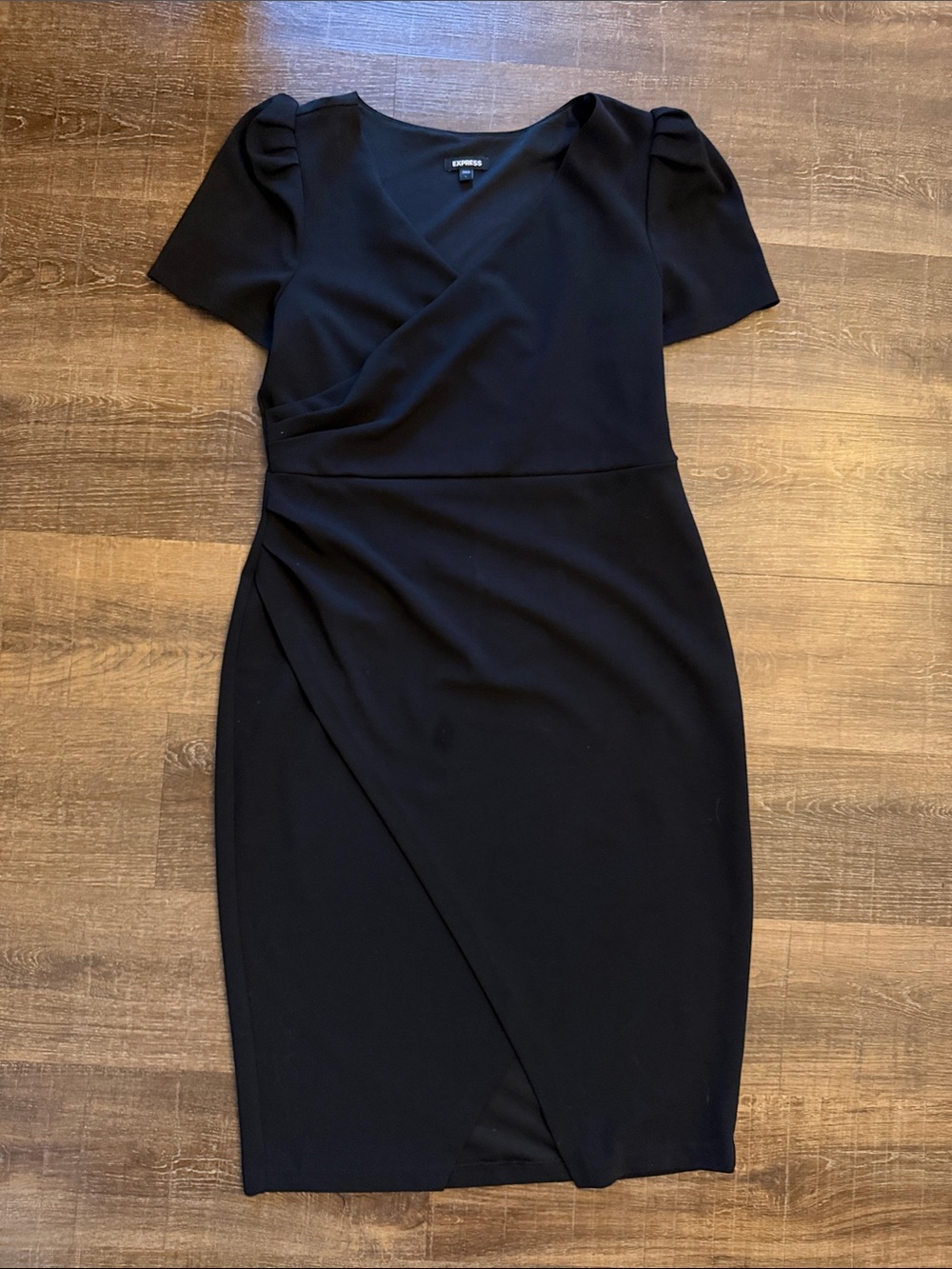 Express Black Faux-Wrap Midi Dress with Puff Sleeves
